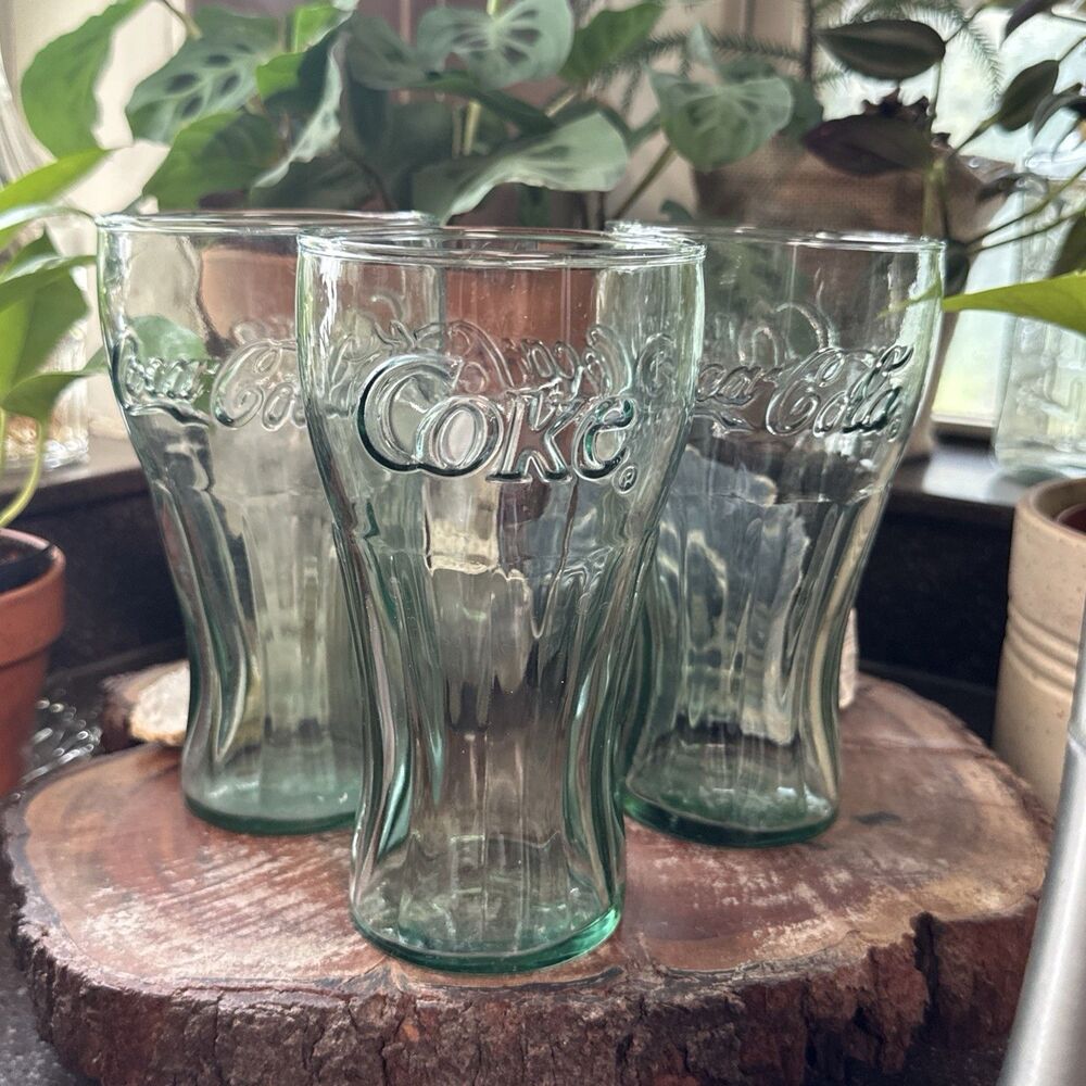 Coca Cola Contour Drinking Glasses Set of 3 Green Embossed Logo 7” Tall Large